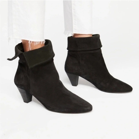 Free People Womens Adella Heeled Ankle Booties Black Draped Suede top Sz 7.5 - Picture 1 of 14